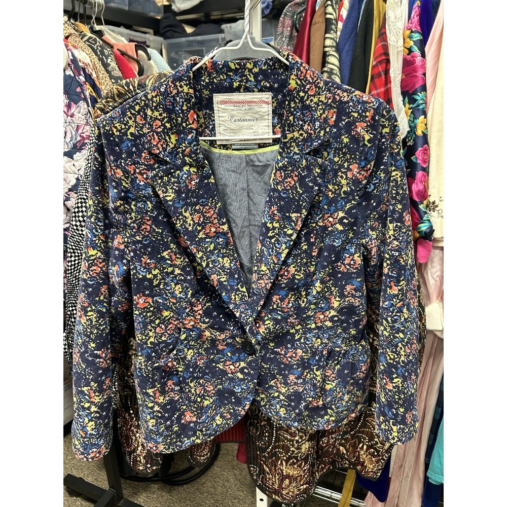 CARTONNIER for ANTHROPOLOGIE Floral Corduroy Blazer Peplum Back Blue Sz S
